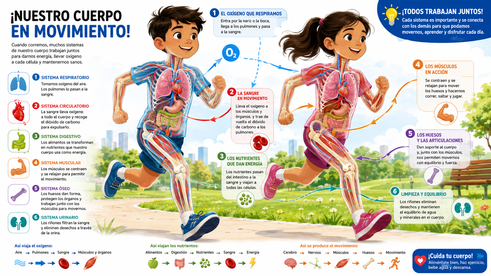 Infografía educativa que muestra cómo los sistemas respiratorio, circulatorio, digestivo, muscular, óseo y urinario trabajan juntos cuando dos estudiantes corren.