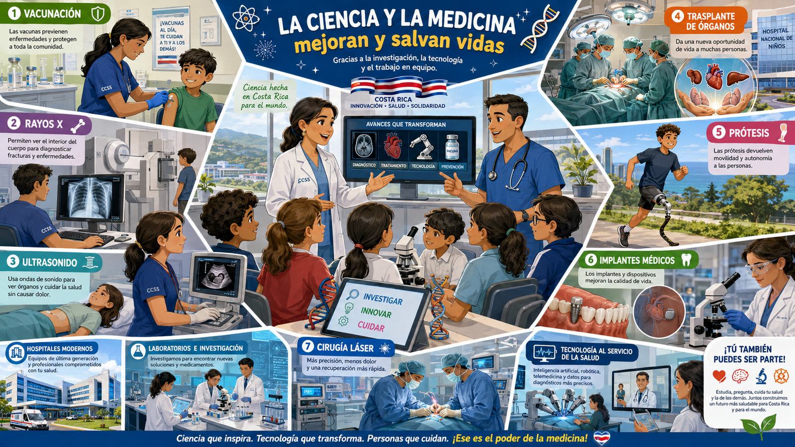 Infografía educativa sobre vacunas, rayos X, ultrasonido, trasplantes, prótesis, implantes, cirugía, hospitales e investigación médica en Costa Rica.